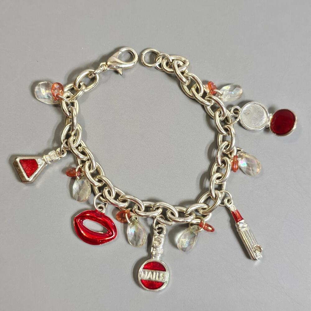 MakeUp Charm Bracelet Shopping Fashion Novelty Red Lipstick Compact Silvertone